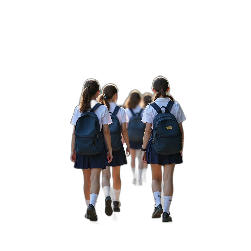jacket, 3d render, group, schoolgirls, uniforms, walking, down, sidewalk transparent PNG cut-out