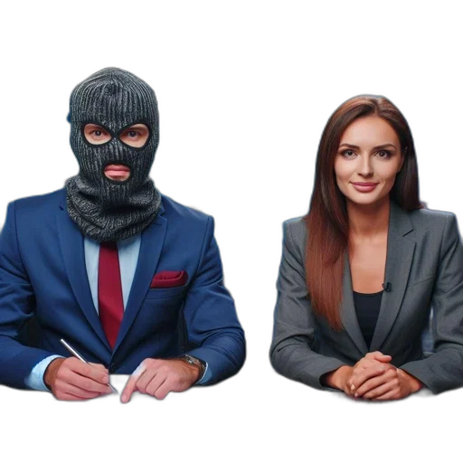 mask, face, jacket, hat, two, people, sit, desk transparent PNG cut-out