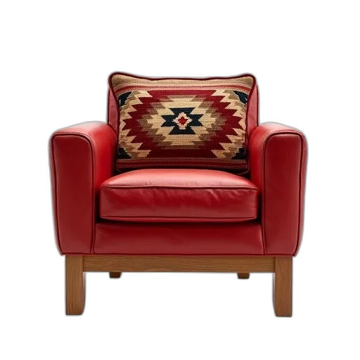 furniture, 3d render, red, leather, armchair, wooden, frame, native transparent PNG cut-out