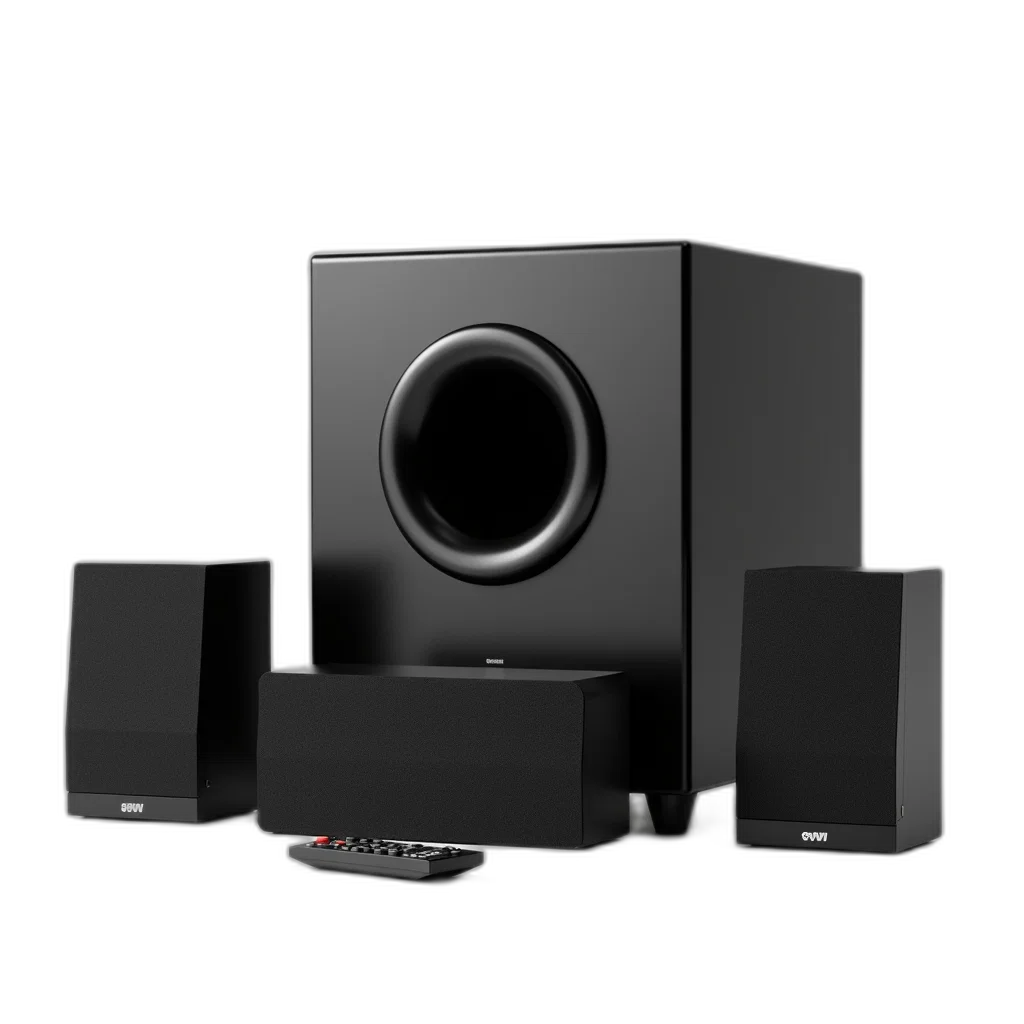 3d render, black, home, theater, system, large, subwoofer, two transparent PNG cut-out