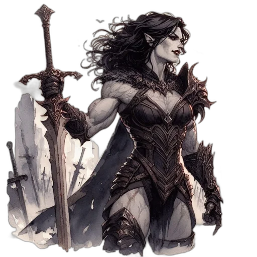 sword, fantasy art, comic book art, concept art, pixel art, dark, fierce, female transparent PNG cut-out