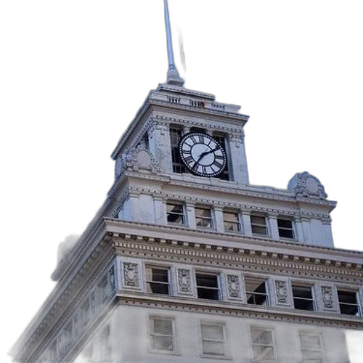 building, 3d render, photorealistic, city street, clock, tower, black, white transparent PNG cut-out