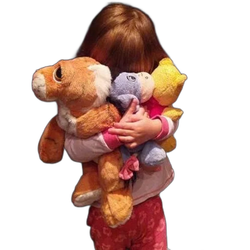 child, pajamas, holds, three, stuffed, animals, close, their transparent PNG cut-out