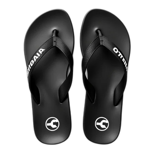 shoes, pair, black, flip-flops, white, logo, left, foot transparent PNG cut-out