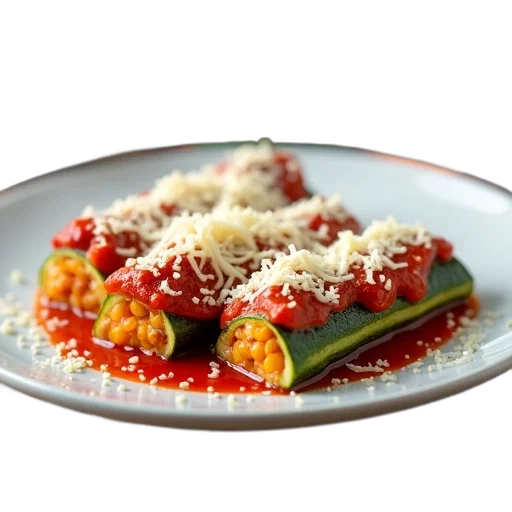 food, photorealistic, dish, zucchini, boats, filled, tomato-based, sauce transparent PNG cut-out