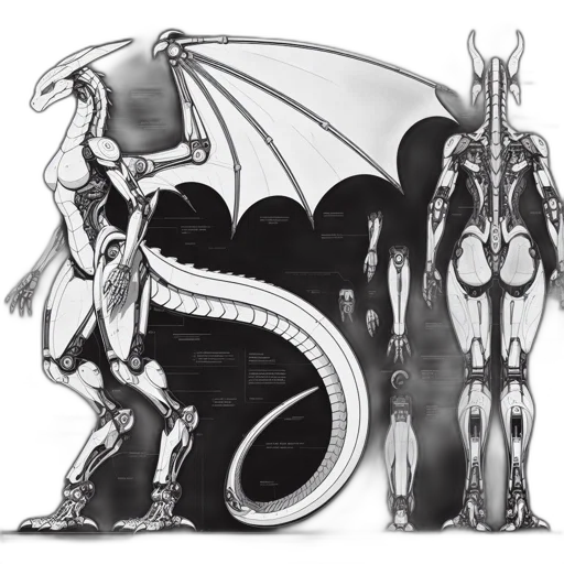 dragon, robot, concept art, fantasy art, comic book art, cartoon, monochrome, detailed transparent PNG cut-out