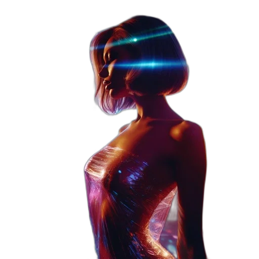 dress, hair, robot, creature, cyberpunk, concept art, 3d render, pixel art transparent PNG cut-out