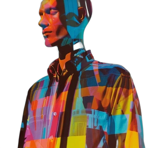 robot, jacket, face, staff, cyberpunk, concept art, 3d render, vaporwave transparent PNG cut-out