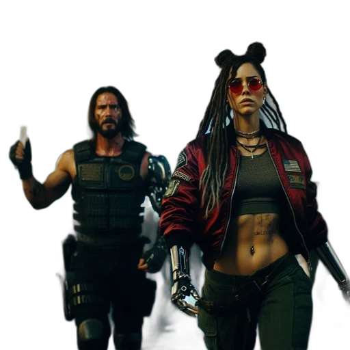 concept art, cyberpunk, comic book art, 3d render, two, individuals, traverse, bustling transparent PNG cut-out