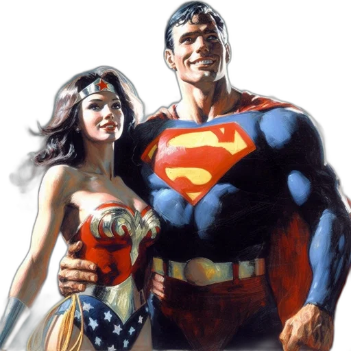 comic book art, concept art, iconic, superheroes, wonder, woman, superman, stand transparent PNG cut-out