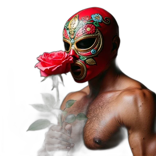 mask, lucha, wrestler, wearing, rose, floral, print, flask transparent PNG cut-out
