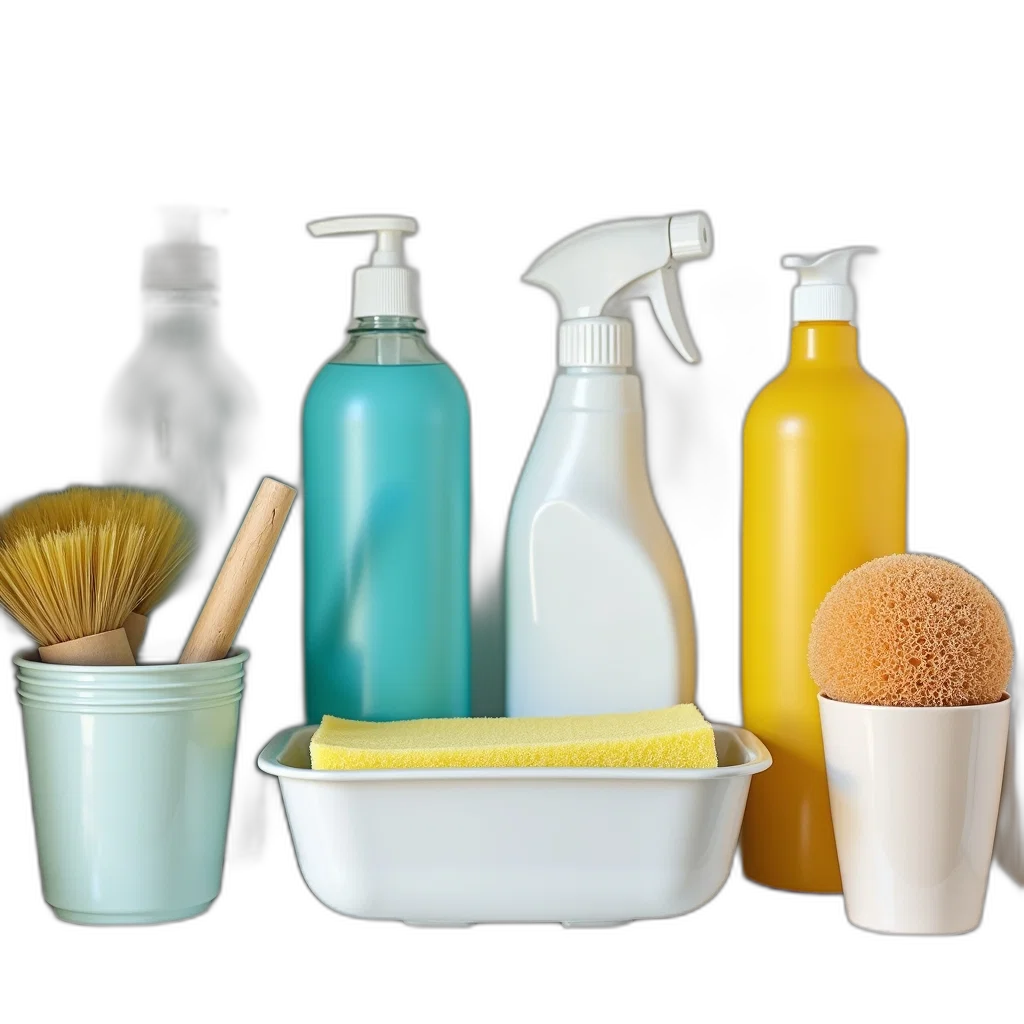 3d render, photorealistic, monochrome, collection, various, cleaning, supplies, neatly transparent PNG cut-out