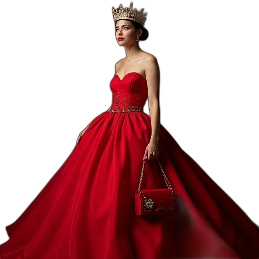 dress, crown, jewelry, photorealistic, 3d render, red, mary, wore transparent PNG cut-out