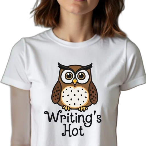 woman, wearing, white, t-shirt, cartoon, owl, design, text transparent PNG cut-out