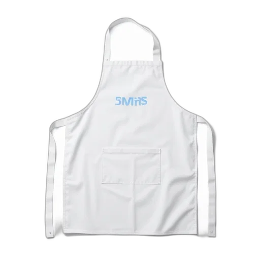 jacket, white, apron, blue, logo, center, displayed, against transparent PNG cut-out