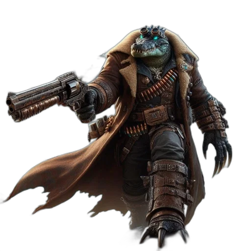 weapon, staff, concept art, fantasy art, post-apocalyptic, scene, crocodile-headed, figure transparent PNG cut-out