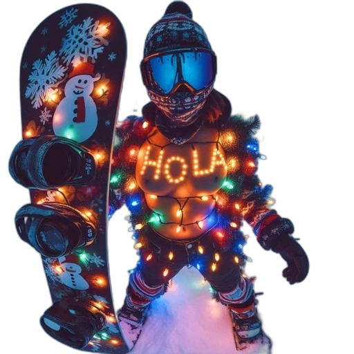 robot, jacket, cyberpunk, neon lights, snowboarder, festive, gear, stands transparent PNG cut-out