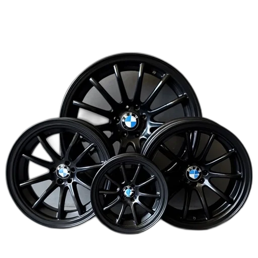 car, 3d render, set, five, black, alloy, wheels, displayed transparent PNG cut-out