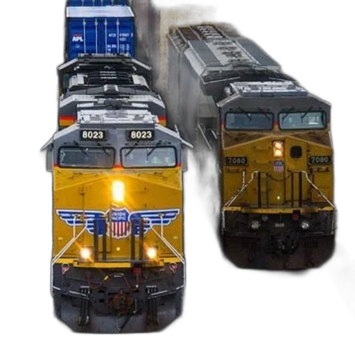 photorealistic, 3d render, two, yellow, trains, number, 8023, front transparent PNG cut-out