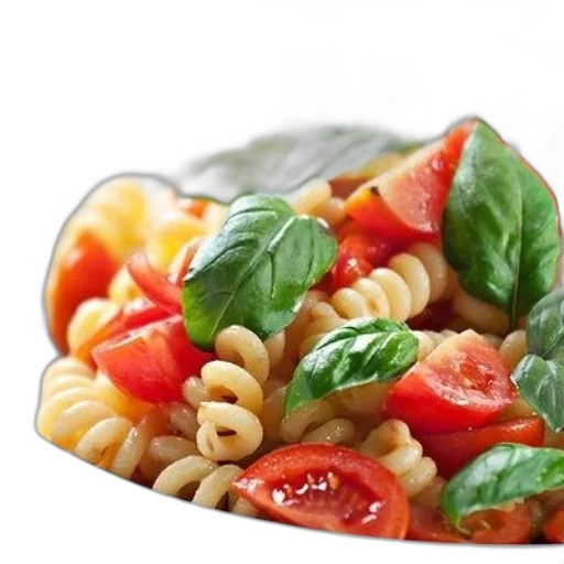 food, photorealistic, 3d render, plate, pasta, salad, tomatoes, fresh transparent PNG cut-out