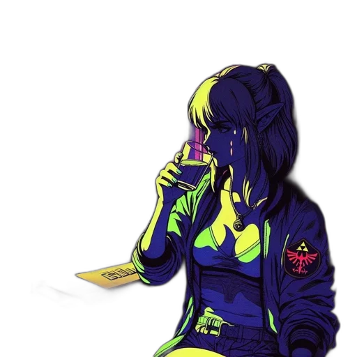 jacket, staff, mask, concept art, pixel art, cyberpunk, fantasy art, neon lights transparent PNG cut-out