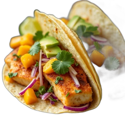food, photorealistic, fish, tacos, mango, avocado, slaw transparent PNG cut-out