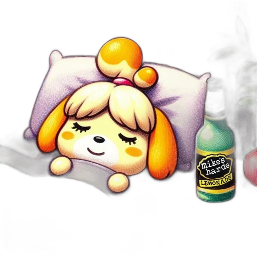 concept art, pixel art, vaporwave, cartoon, dog, sleeps, bed, surrounded transparent PNG cut-out