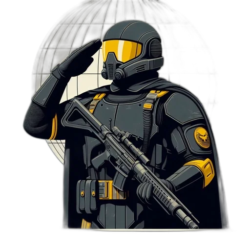 jacket, robot, weapon, staff, concept art, pixel art, comic book art, cyberpunk transparent PNG cut-out