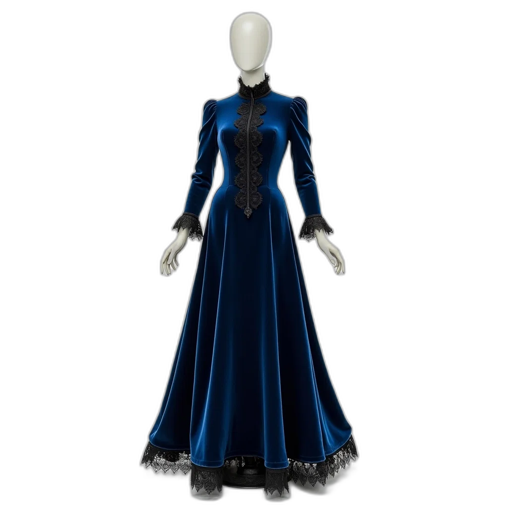 dress, concept art, 3d render, blue, dark, mannequin, dressed, velvet transparent PNG cut-out