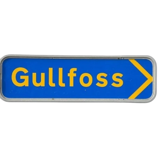 blue, sign, yellow, text, reading, gullfoss, arrow, pointing transparent PNG cut-out