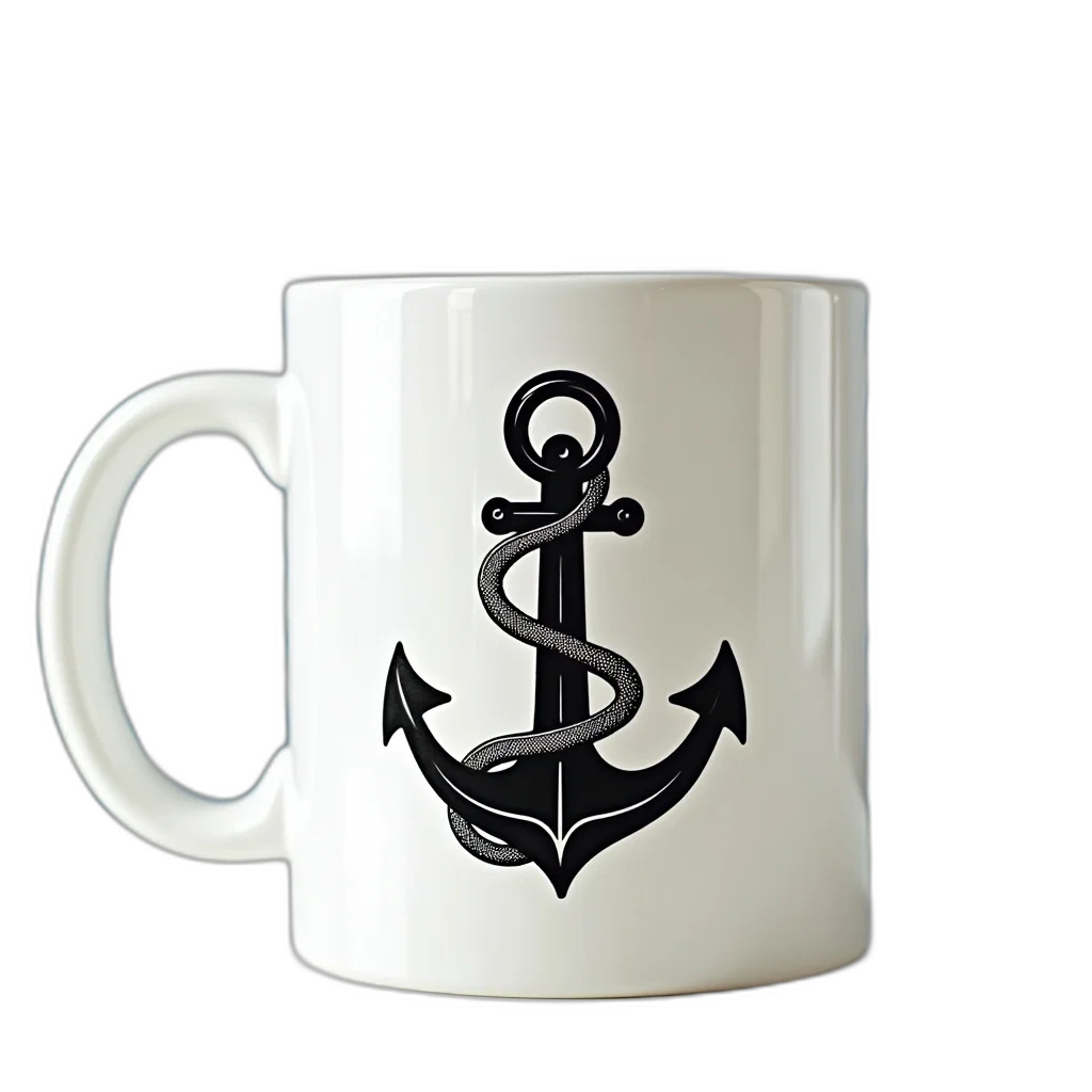 3d render, white, coffee, mug, black, anchor, design, centered transparent PNG cut-out