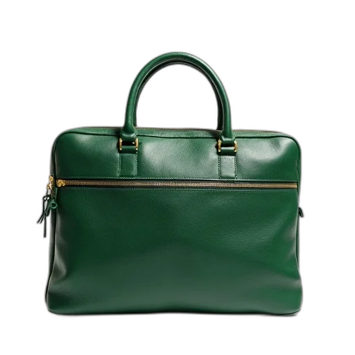 green, leather, briefcase, textured, surface, gold, zipper, closure transparent PNG cut-out
