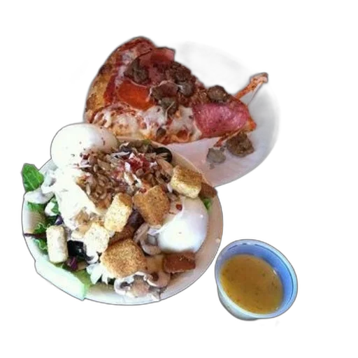 food, slice, pizza, salad, dressing, tray transparent PNG cut-out