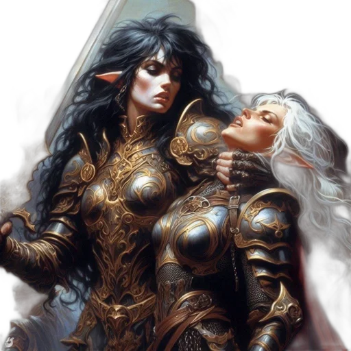 fantasy art, comic book art, concept art, golden, two, female, characters, one transparent PNG cut-out