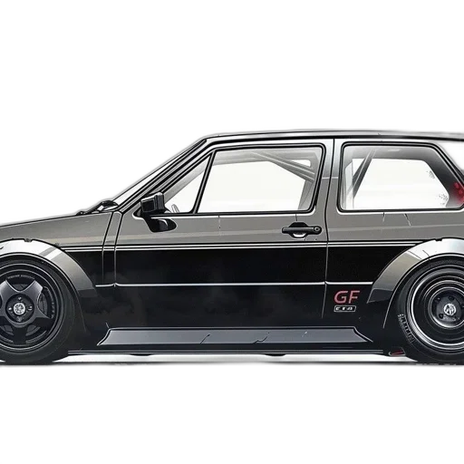 car, photorealistic, concept art, 3d render, black, volkswagen, golf, white transparent PNG cut-out