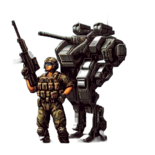 robot, weapon, concept art, pixel art, 3d render, comic book art, vintage, game transparent PNG cut-out