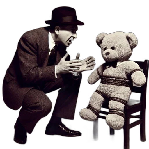 concept art, man, suit, hat, animatedly, conversing, teddy, bear transparent PNG cut-out