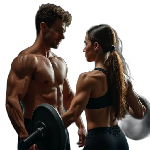 photorealistic, woman, lifting, weights, her, husband, photo transparent PNG cut-out