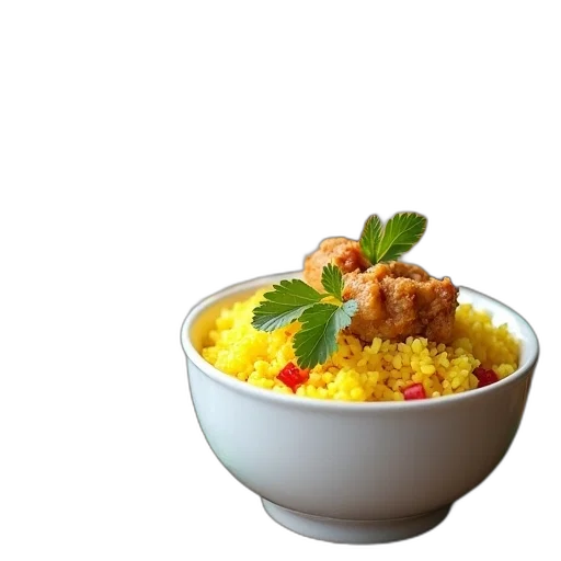 food, 3d render, photorealistic, two, white, bowls, filled, yellow transparent PNG cut-out