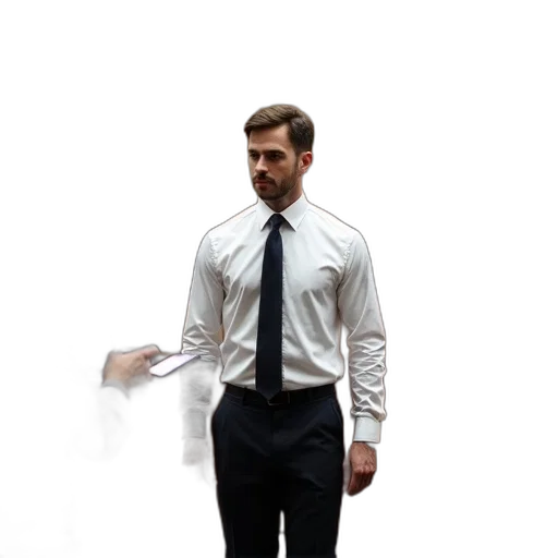 staff, jacket, dress, concept art, photorealistic, 3d render, fog, monochrome transparent PNG cut-out