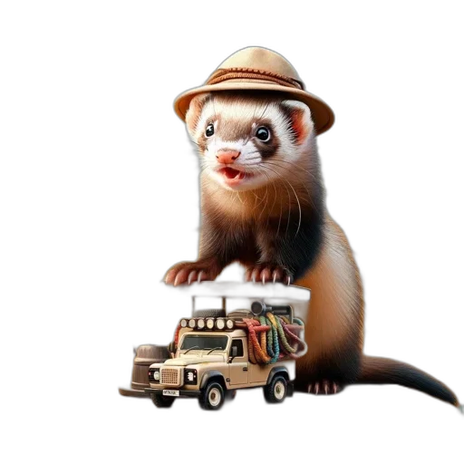 hat, animal, car, staff, concept art, photorealistic, 3d render, vibrant transparent PNG cut-out