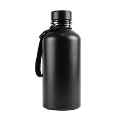 bottle, 3d render, black, cylindrical, insulated, water, reflective, surface transparent PNG cut-out