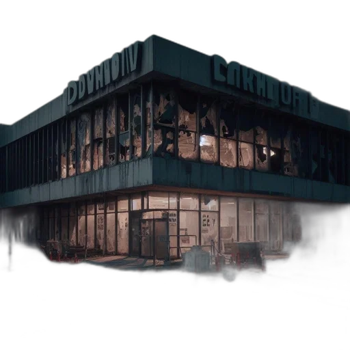 building, concept art, 3d render, photorealistic, abandoned, labeled, downtown, furniture transparent PNG cut-out