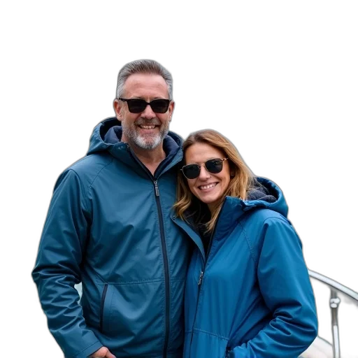 jacket, umbrella, staff, blue, man, woman, standing, boat transparent PNG cut-out