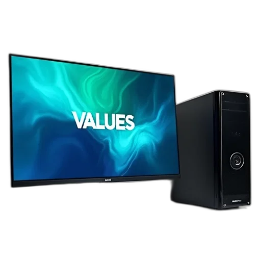 3d render, modern, computer, setup, flat-screen, monitor, displaying, blue transparent PNG cut-out