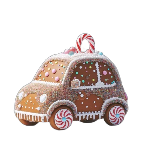 car, snow, whimsical, winter, scene, features, gingerbread, adorned transparent PNG cut-out