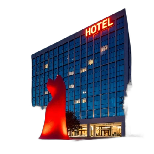 building, 3d render, modern, hotel, blue, windows, lit-up, sign transparent PNG cut-out