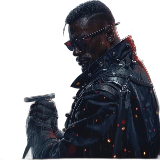 jacket, weapon, staff, concept art, cyberpunk, comic book art, fantasy art, man transparent PNG cut-out