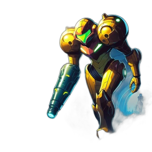 robot, weapon, concept art, pixel art, fantasy art, 3d render, outer space, golden transparent PNG cut-out