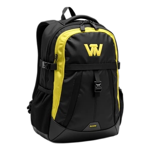 black, yellow, backpack, white, interior, displayed, against, background transparent PNG cut-out
